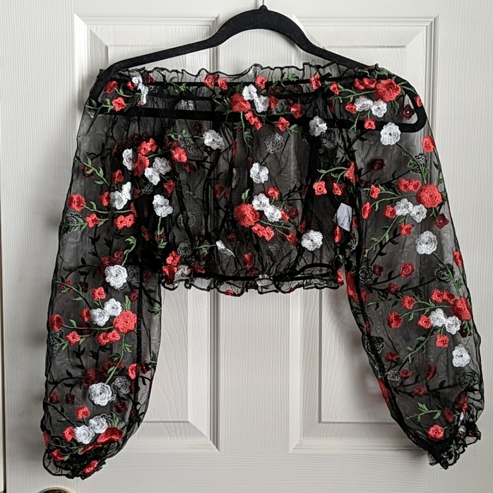 Sheer Mesh Embroidered Off the Shoulder Crop Top